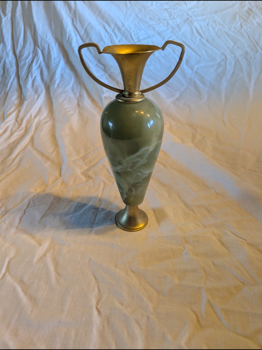 2/100$ Vintage Green Jade Marbleized Ceramic Vase with Brass Accents